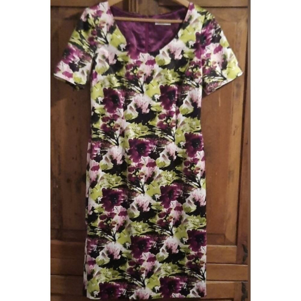 Jacques Vert Short Sleeve Satin Floral Sheath Dress Purple Green Size US 6/UK 10